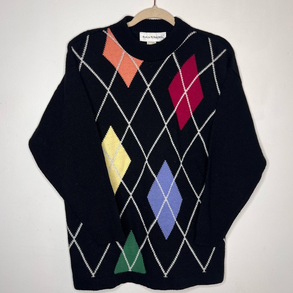 Vintage 90s Norton McNaughton Black Argyle Diamond Boxy Dad Grandpa Sweater L